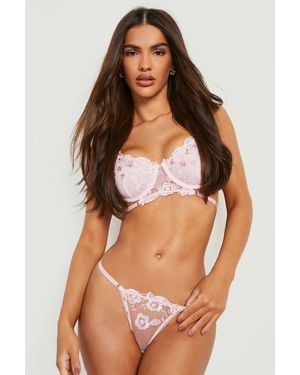 Boohoo Embroidery Mesh Bra And Thong Set - Brown