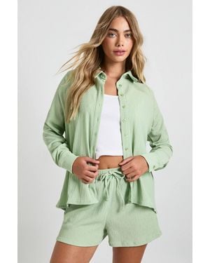 Boohoo Crinkle Button Through Shirt & Short Co-Ord - Green