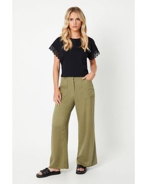 Dorothy Perkins Petite Top Stitch Patch Pocket Wide Leg Trouser - Green