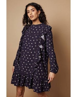 Oasis Petite Ditsy Printed Ruffle Lace Trim Mini Dress - Blue
