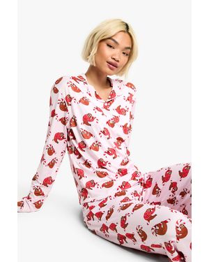 Boohoo Conjunto Navideño De Pantalón Largo Y Manga Larga Con Estampado De Perezoso - Blanco