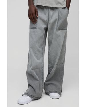 BoohooMAN Elasticated Waist Wide Leg Embroidery Denim Sweatpants - Gray