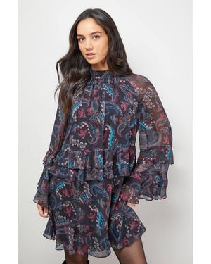 Oasis Layered Ruffle Sleeve Bow Back Mini Dress - Blue