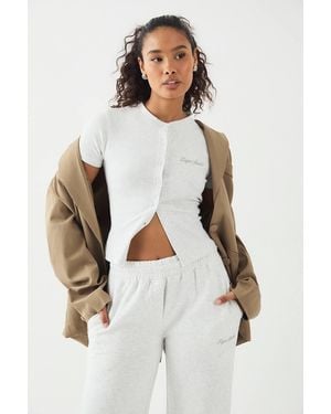 DSGN Studio Script Embroidery Ribbed Button Through Short Sleeve Top - White