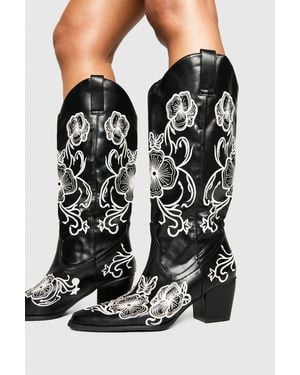 Boohoo Contrast Embroidered Knee High Western Boots - Black