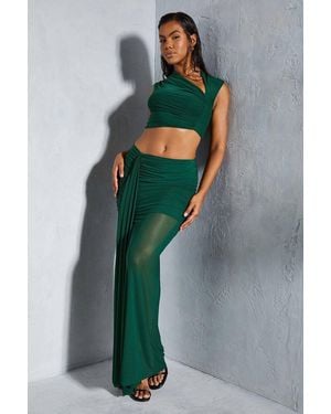MissPap Mesh Sleeveless Cut Out Detail Top & Ruched Maxi Skirt Co-Ord - Green
