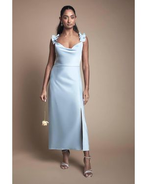 Oasis Ruffle Shoulder Detail Satin Bridesmaid Midi Dress - Blue