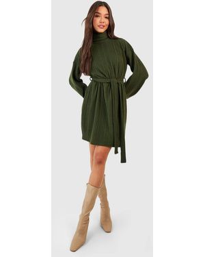Boohoo Textured Rib Roll Neck Skater Dress - Green