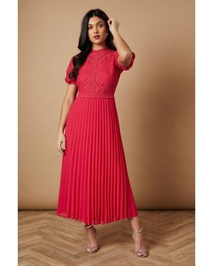 Oasis Lace Puff Sleeve Pleated Midi Dress - Red