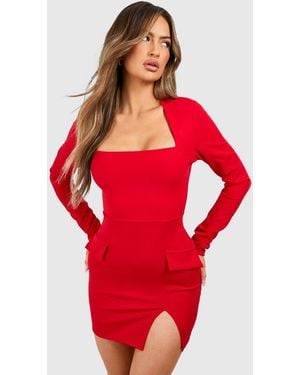 Boohoo Crepe Square Neck Pocket Detail Mini Dress - Red