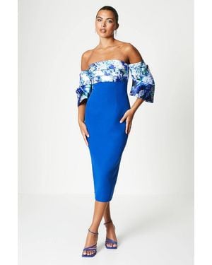 Coast Printed Pleat Bardot Midi Dress - Blue
