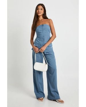 Boohoo Pinstripe Bandeau & Wide Leg Trouser Co-Ord - Blue