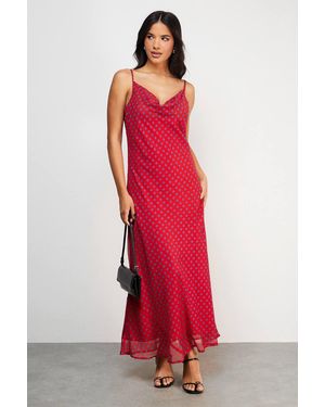 Warehouse Chiffon Spot Print Cowl Bias Strappy Maxi Dress - Red