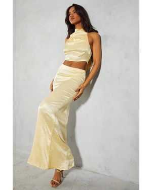 MissPap Textured Satin Grown On Neck Top & Maxi Skirt Co-Ord - Natural
