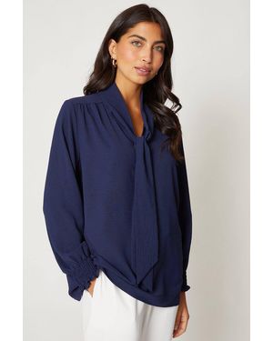 Wallis Tie Neck Shirred Cuff Top - Blue