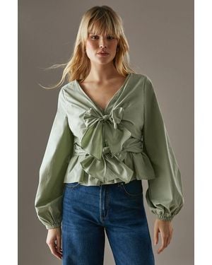 Warehouse Poplin Tie Front Balloon Sleeve Blouse - Green