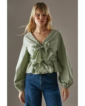 Warehouse Poplin Tie Front Balloon Sleeve Blouse - Green