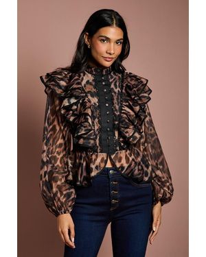 Coast Long Sleeve Leopard Organza Frill Blouse - Blue