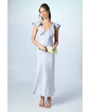 Oasis Petite Ruffle Neckline Satin Maxi Bridesmaid Dress - Blue