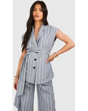 Boohoo Maternity Stripe Sleeveless Belted Blazer - Blue