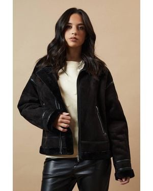Oasis Zip Through Faux Leather Short Aviator Jacket - Black