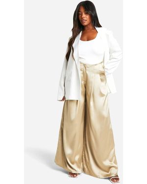 Boohoo Plus Satin Pleat Detail Tailored Wide Leg Trouser - Natural