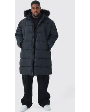 BoohooMAN Plus Longline Faux Fur Regular Fit Hooded Puffer Jacket In Black - Blue