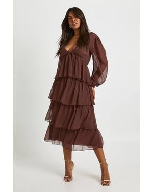 Boohoo Chiffon Ruffle Midaxi Dress - Brown
