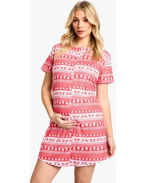 Boohoo Pack De 2 Camisones Premamá Navideños Aterciopelados Con Botones Y Estampado De Grecas - Rojo