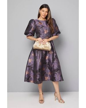 Wallis Occasion Floral Jacquard Puff Sleeve Midi Dress - Purple