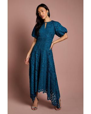 Coast Lace Hanky Hem Puff Sleeve Dress - Blue
