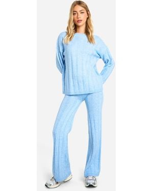 Boohoo Soft Wide Rib Exposed Seam Sweater And Wide Leg Co-Ord - Blue