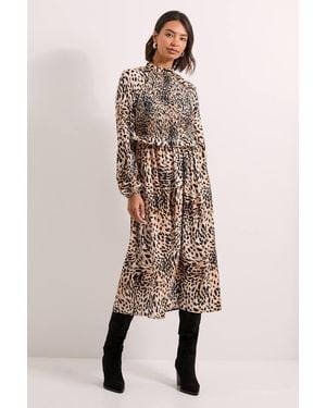 Dorothy Perkins Animal Shirred Bodice Frill Detail Midi Dress - Natural