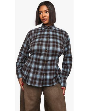 Boohoo Plus Pleated Cinched Waist Flannel Shirt - Gray