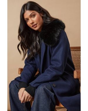 Oasis Fur Collar Button Through Coat - Blue
