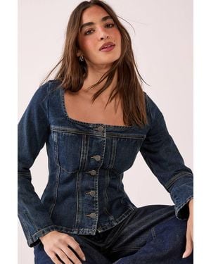 Nasty Gal Button Through Corset Long Sleeve Denim Top - Blue