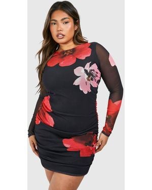 Boohoo Plus Plus Printed Ruched Bodycon Dress - Red