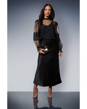 Oasis Lace Frill Detail High Neck Sheer Blouse - Blue