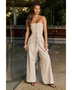 Boohoo Pantalón De Pernera Ancha Y Lino Con Atadura Y Cuentas - Negro
