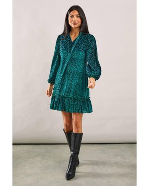 Wallis Animal Burnout Tie Neck Dress - Green