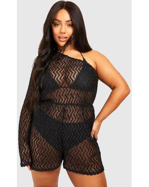 Boohoo Plus Jersey Knitted One Shoulder Beach Playsuit - Black