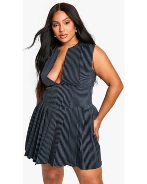 Boohoo Plus Woven Stripe Plunge Pleated Dress - Blue