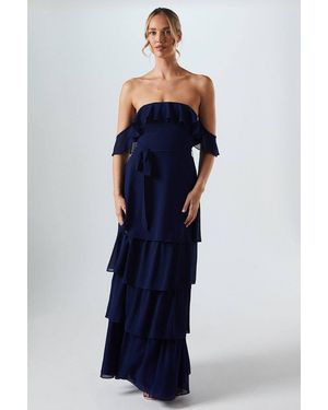 Oasis Bardot Tiered Georgette With Tie Detail Bridesmaid Dress - Blue