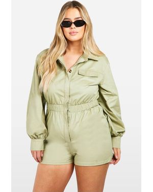Boohoo Plus Utility Long Sleeved Playsuit - Green