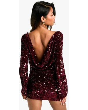 Boohoo Velvet Sequin Scoop Back Long Sleeve Top - Red