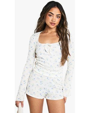 Boohoo Ditsy Print Rib Square Neck Bell Sleeve Top - White