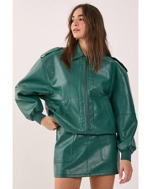 Nasty Gal Textured Faux Leather Zip Through Bomber Jacket - Green