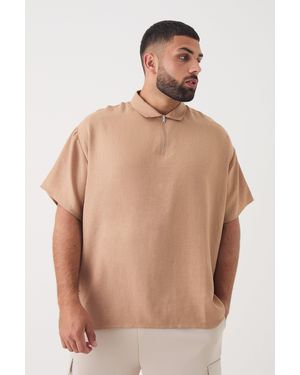 BoohooMAN Plus Zip Up Linen Polo In Taupe - Natural