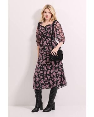 Dorothy Perkins Floral Printed Lace Trim Blouson Sleeve Midi Dress - Multicolor