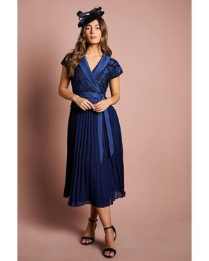 Coast Lace Wrap Top Pleat Tux Midi Dress - Blue